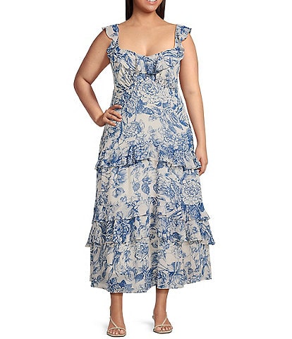 Lucy Paris Plus Cassandra Sleeveless Floral-Printed Ruffle-Tier-Skirted Long Dress