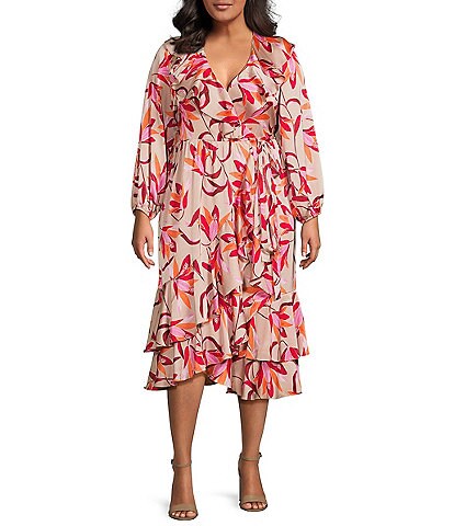 Lucy Paris Plus Naella Floral Printed Ruffled Faux-Wrap Midi Dress