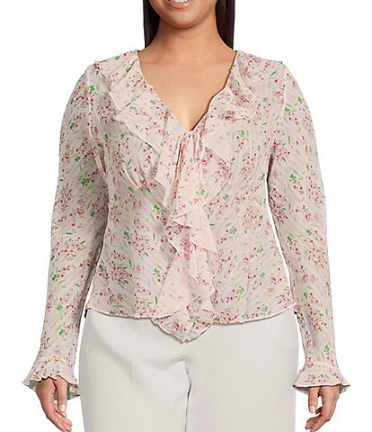 Lucy Paris Plus Niamh Floral Printed Long-Sleeve Ruffled Top