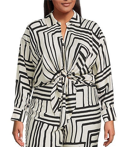 Lucy Paris Plus Rue Button Down Tie Front Printed Blouse