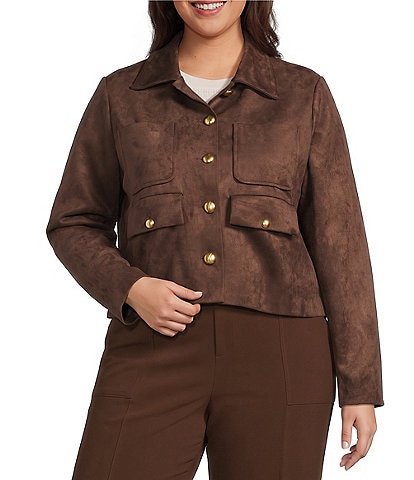 Lucy Paris Plus Size Brynn Suede Collared Long Sleeve Button Front Cropped Jacket