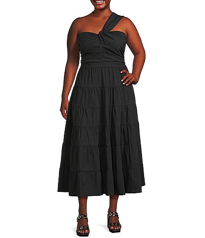 Lucy Paris Plus Size Christy One-Shoulder Long Poplin Dress