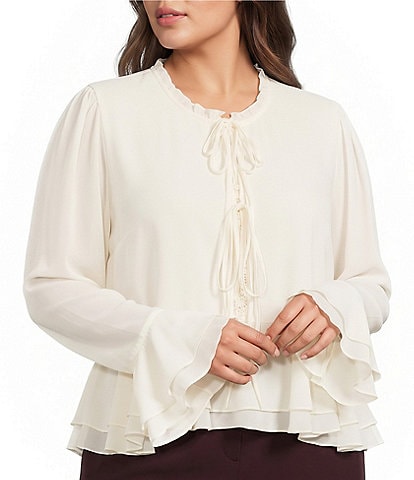 Lucy Paris Plus Size Donna Round Neck Tie Front Long Sleeve Top