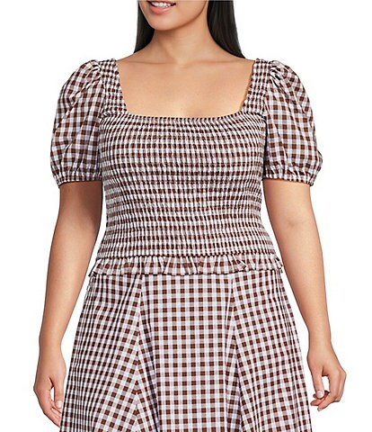 Lucy Paris Plus Size Kit Gingham Print Square Neck Short Sleeve Smocked Coordinating Top