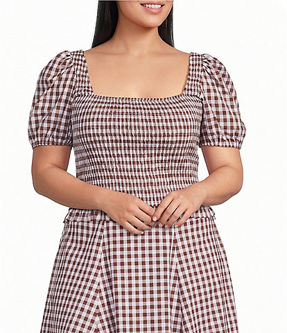 Lucy Paris Plus Size Kit Gingham Print Square Neck Short Sleeve Smocked Coordinating Top