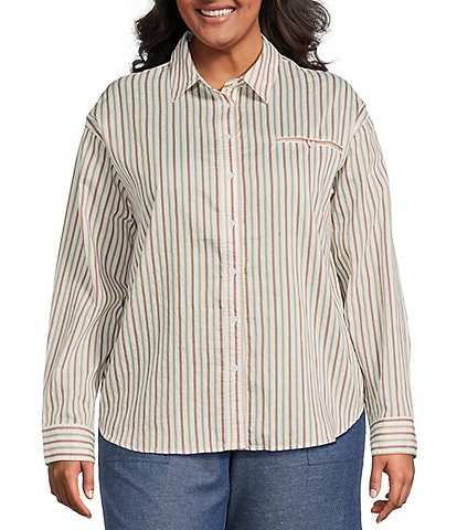 Lucy Paris Plus Size Long Sleeve Striped Woven Shirt