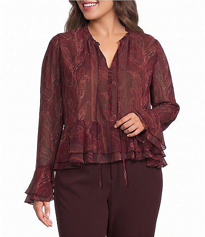  Plus Size Paisley Print Ruffle V-Neck Long Sleeve Top