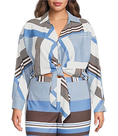 Lucy Paris Plus Size Rue Stripe Print Collared Long Sleeve Coordinating Button Front Tie Top