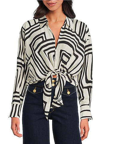 Lucy Paris Rue Geometric Print Collared V-Neck Tie Front Button Front Coordinating Top