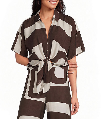 Lucy Paris Rue Geometric Printed Collared Short Sleeve Coordinating Button Front Tie Top