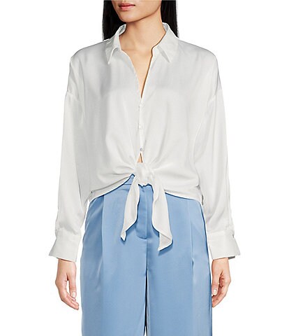 Lucy Paris Rue V-Neck Point Collar Long Sleeve Tie Front Blouse