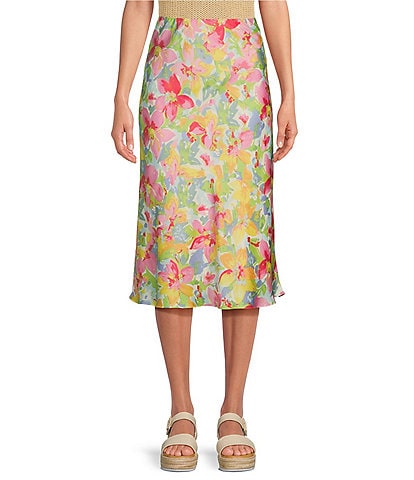Lucy Paris Satin Slip Floral Print Midi Skirt