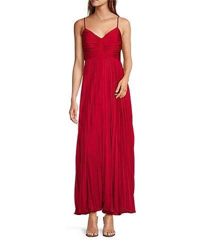 Lucy Paris Satin V-Neck Sleeveless Pleated Maxi Dress