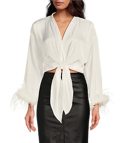 Lucy Paris Satin V-Neck Tie Front Long Sleeve Feather Cuff Blouse