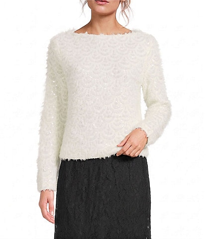 Lucy Paris Sequin Scoop Neck Long Sleeve Sweater