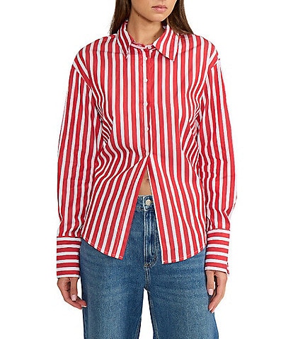 Lucy Paris Simone Stripe Print Point Collar Long Sleeve Open Tie Back Coordinating Button Front Top