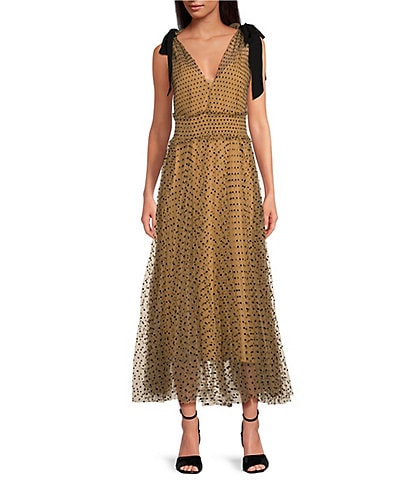 Lucy Paris Solange Dotted Print V Neck Sleeveless Smocked Bow Tie Maxi Dress