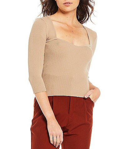 Lucy Paris Sweetheart Neck 3/4 Sleeve Ribbed Knit Scarlett Top