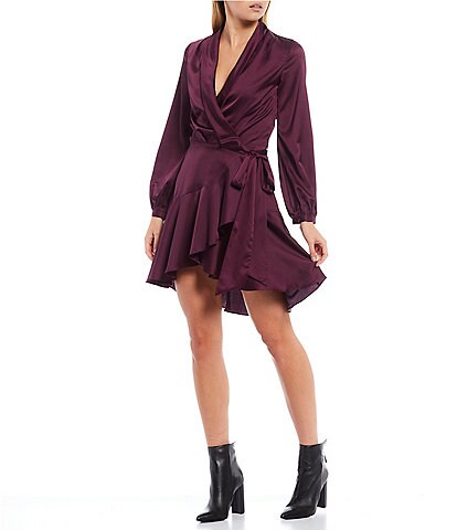 Lucy Paris Surplice V-Neck Long Sleeve Tie Waist Satin Ruffled Wrap Dress