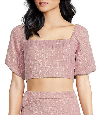Lucy Paris Vanessa Square Neck Short Puff Sleeve Tie Back Cropped Top