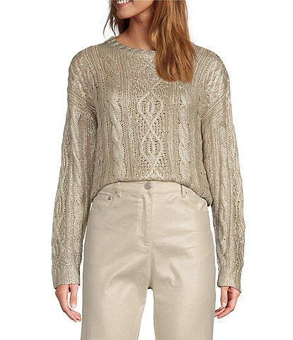 Lucy Paris Weylan Knit Metallic Crew Neck Long Sleeve Sweater