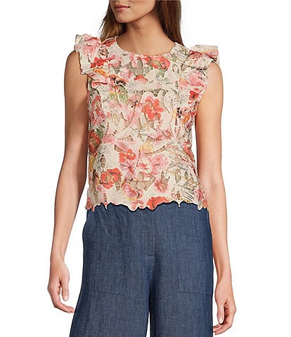 Lucy Paris Woven Fumi Lace Floral Print Round Neck Sleeveless Ruffle Top