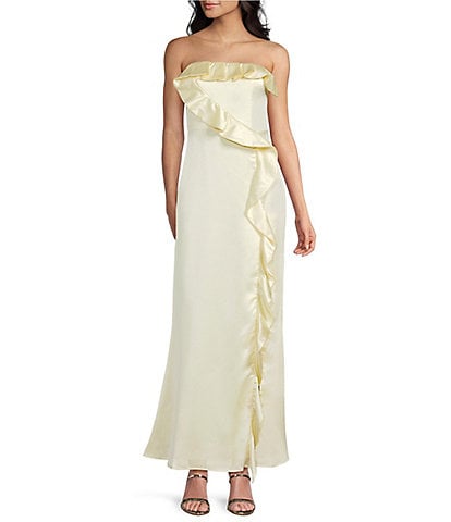 Lulus Bonnie Satin Strapless Ruffle Side Slit A-Line Full Length