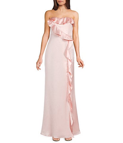 Lulus Bonnie Satin Strapless Ruffle Side Slit A-Line Full Length
