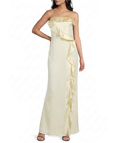  Bonnie Satin Strapless Ruffle Side Slit A-Line Full Length