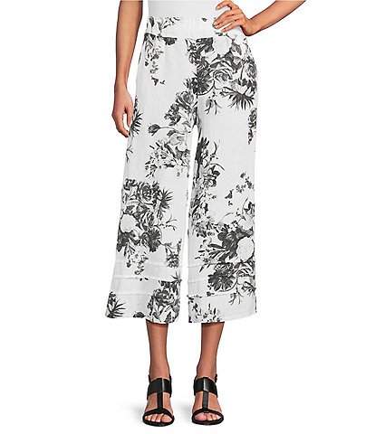 M Made in Italy Coordinating Floral Linen Blend Elastic Waist Wide Leg Pants