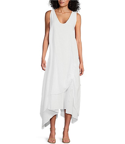 M Made In Italy Cotton Gauze V-Neck Sleeveless Layered Ruched Drawstring Midi A-Line Dress