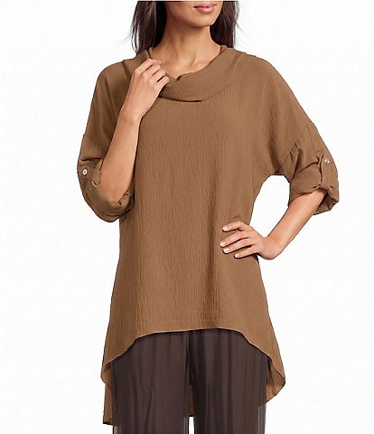M Made in Italy Cowl Neck 3/4 Sleeve High/Low Tunic