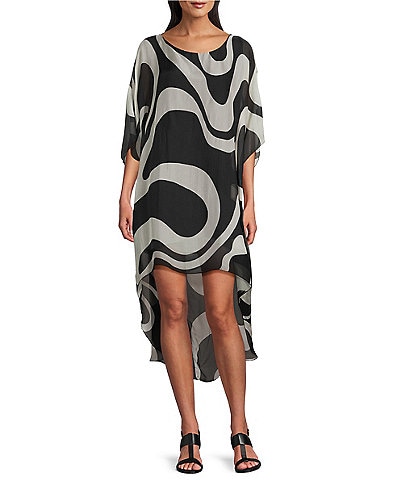 M Made in Italy Crew Neck Elbow Sleeve Silky High-Lo Midi Dress