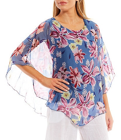 M Made in Italy Floral Print Scoop Neck 3/4 Sleeve Asymmetrical Hem Silky Woven Poncho Top
