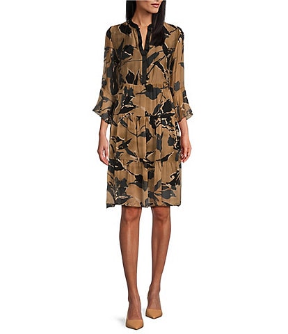M Made In Italy Floral Print Silky Split V-Neck 3/4 Bell Sleeve Dress