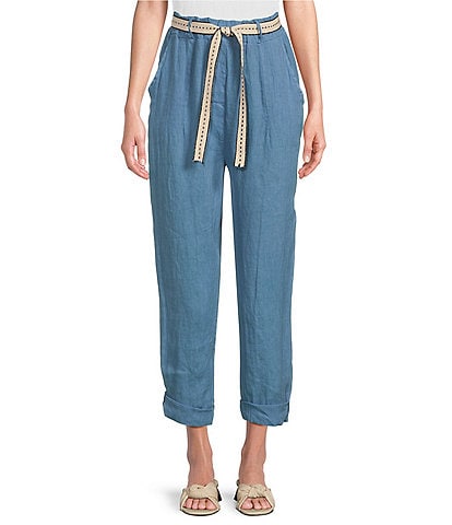 M Made In Italy Linen Side Pocket Cropped Belted Cuffed Pant