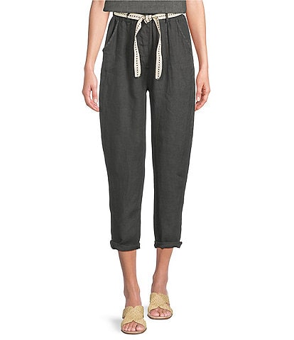 M Made in Italy Linen Side Pocket Cropped Belted Cuffed Pants