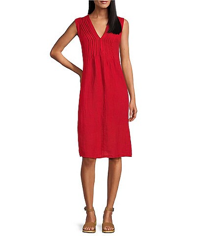 M Made in Italy V-Neck Linen Pleated Midi Dress