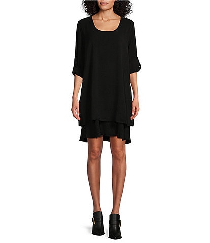 M Made in Italy Pleated Layered Roll Sleeve Shift Dress