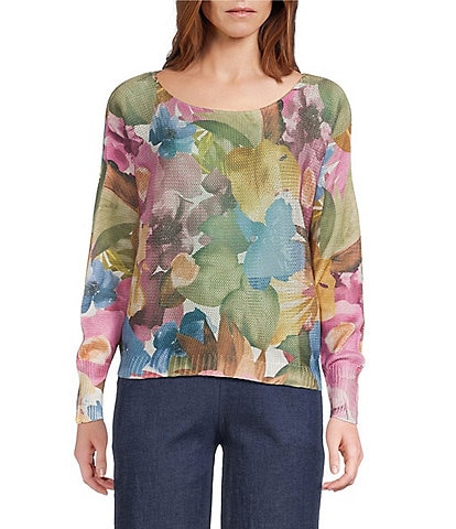 M Made in Italy Printed Boat Neck Long Sleeve Knit Top