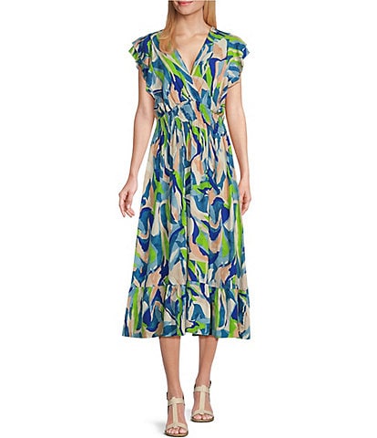 M Made In Italy Printed V-Neck Flutter Cap Sleeve Smocked Waist A-Line Midi Dress