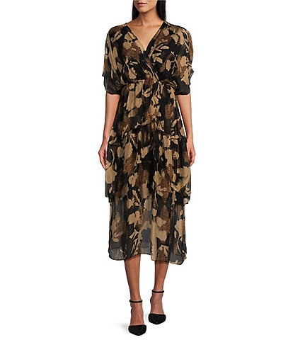 M Made In Italy Silky Printed V-Neck Elbow Sleeve Layered Maxi Dress