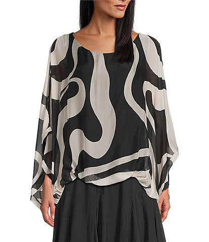 M Made in Italy Silky Scoop Neckline 3/4 Sleeve Poncho Top