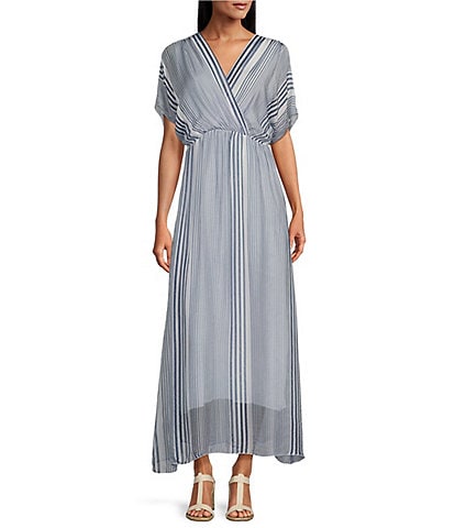 M Made in Italy Silky Striped Short Sleeve Maxi Dress