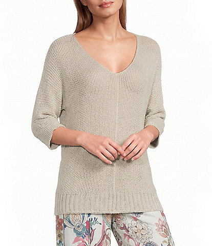M Made in Italy Sweater Knit V-Neck 3/4 Sleeve Top