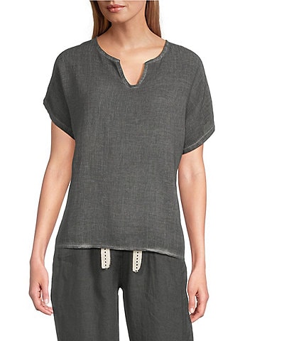 M Made in Italy Textured Linen Blend Split V-Neck Short Sleeve Top