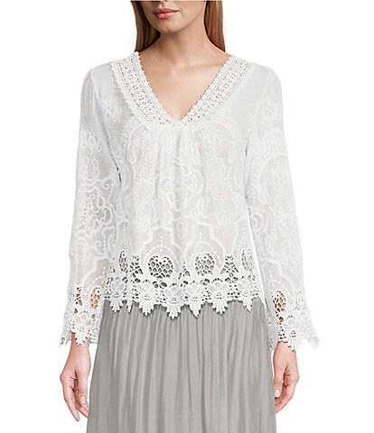 M Made in Italy Woven Cotton V-Neck Eyelet Lace Top