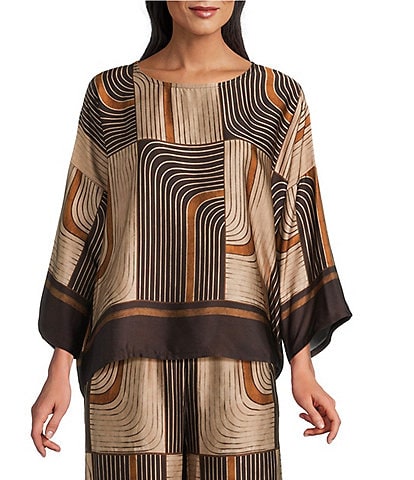 M Made in Italy Woven Geometric Print Crew Neck Long Sleeve Pullover Tunic