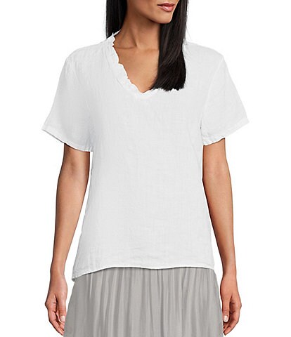 M Made in Italy Woven Ruffle V-Neck Short Sleeve High-Low Top
