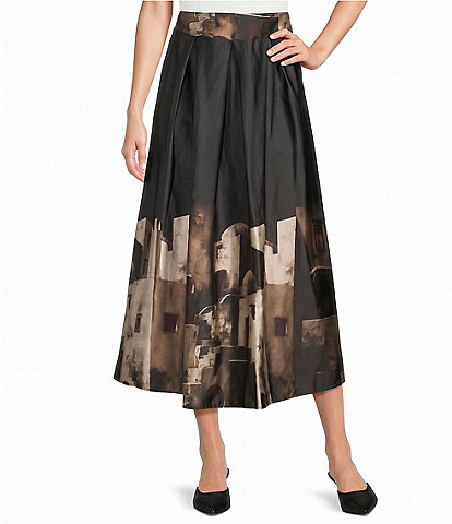 M Made in Italy Woven Satin Border Print A-Line Pleated Skirt